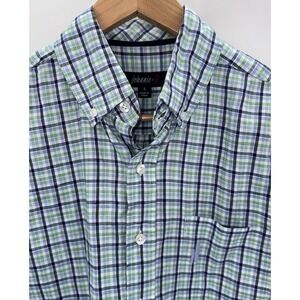 Johnnie O Mens Small Blue Green Plaid Long Sleeve Button Down‎ Linen Blend